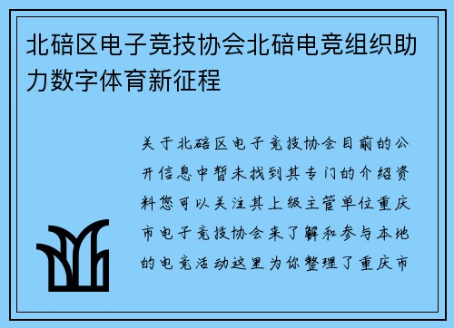 北碚区电子竞技协会北碚电竞组织助力数字体育新征程